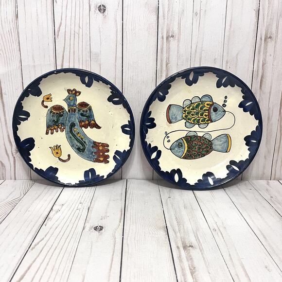 Vintage Boho Mexican Talavera Plates- Hand Painted Bird & Fish Folk Art Set of 2 - Picture 1 of 11